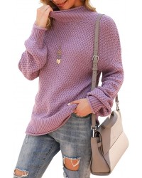Purple Women's Turtleneck Oversized Sweaters Batwing Long Sleeve Pullover Loose Chunky Knit Jumper