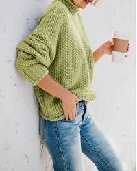 Grass Green Womens Turtleneck Oversized Sweaters Batwing Long Sleeve Pullover Loose Chunky Knit Jumper
