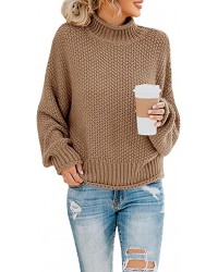 Khaki Womens Turtleneck Oversized Sweaters Batwing Long Sleeve Pullover Loose Chunky Knit Jumper